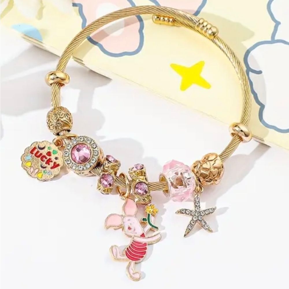 Winnie The Pooh Piglet Charm Pendant Gold Tone Bangle Bracelet